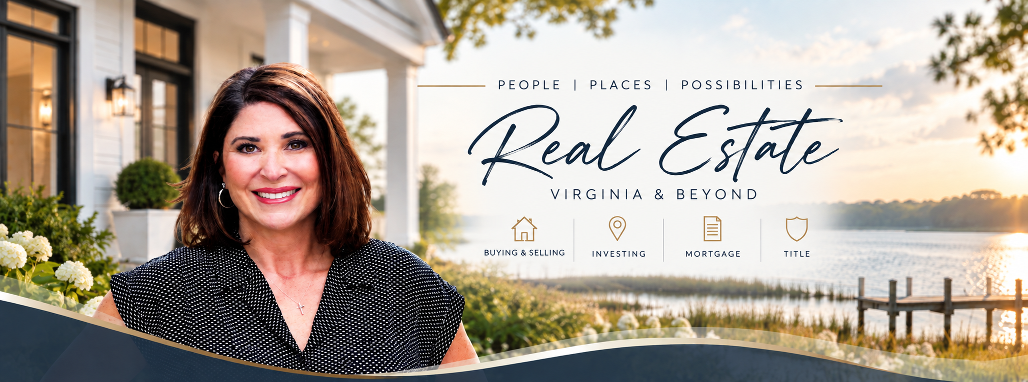 Eleina Espigh at a waterfront home. The cover design reads People | Places | Possibilities and Real Estate in Virginia.